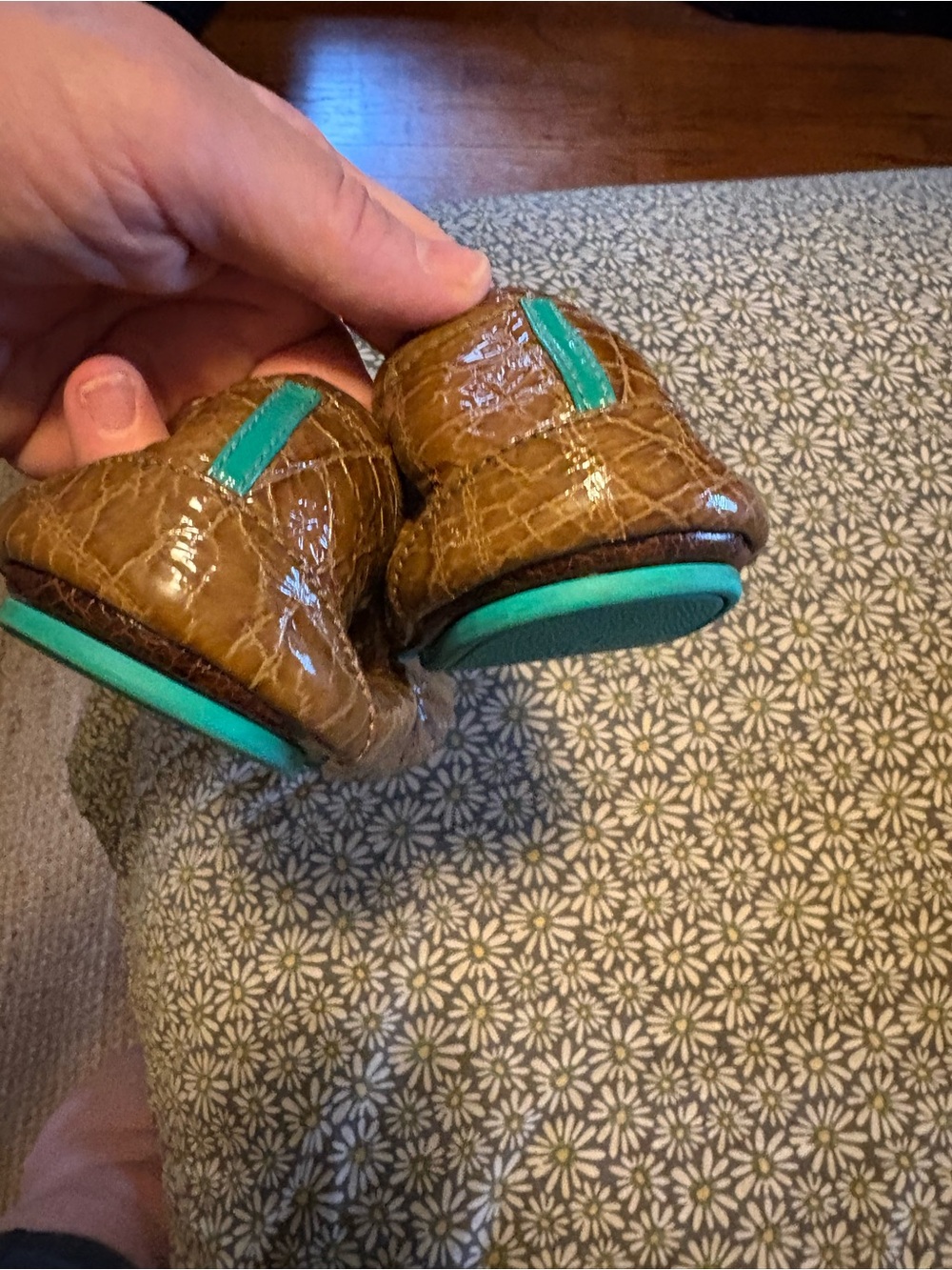 Tieks Brown Croc-Embossed Leather Ballet Flats with Teal Accent - Picture 4 of 7